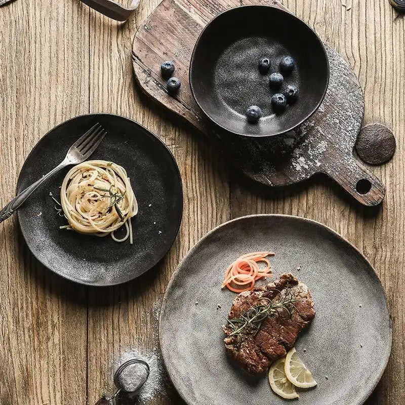 Japanese Ceramic Dinner Plate Rice Bowl Food Tray Retro Gray Tableware Porcelain Fruit Salad Sushi Serving Plate Dinnerware Oasis Select