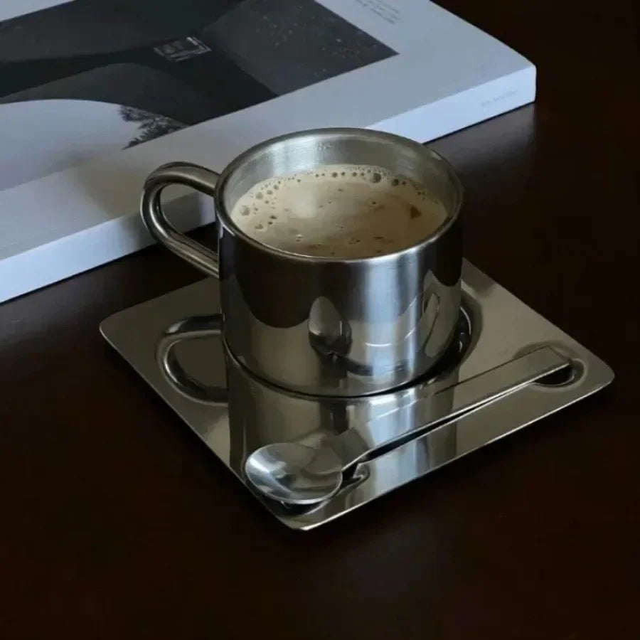 Minimalist Nordic Mug 3pcs Set 304 Stainless Steel Coffee Mug Heat Resistant Milk Cup with Saucer Spoon Placemat Tableware Set Oasis Select