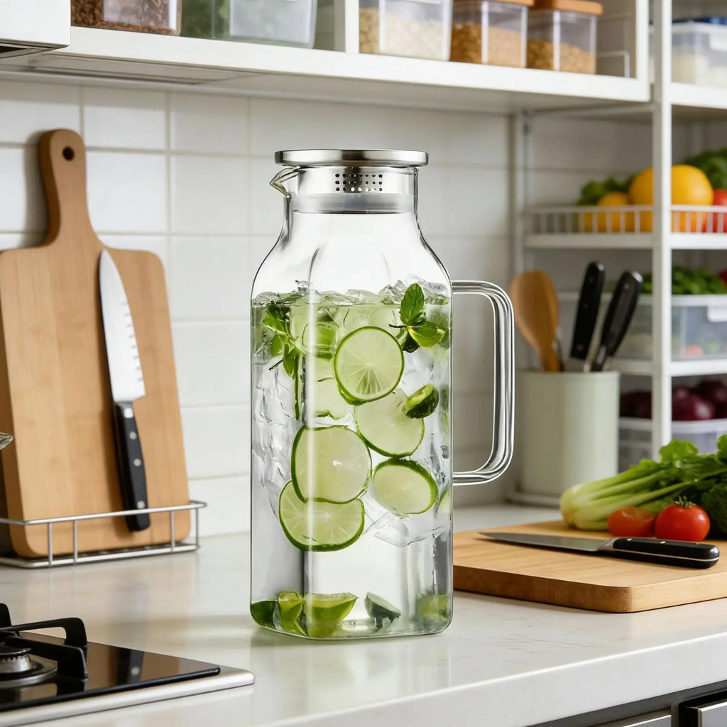 Glass Drink Pitcher 2L Beverage Jug with Handle and Lid Household Tea Pitcher for Tea Coffee Juice Milk Lemonade Refrigerator Oasis Select
