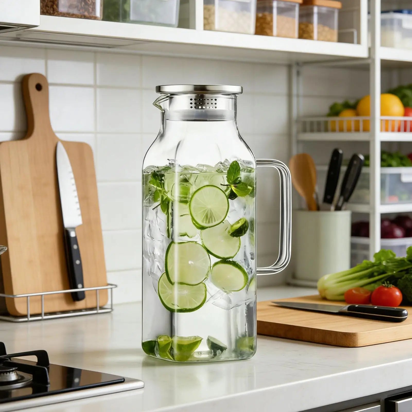 Glass Drink Pitcher 2L Beverage Jug with Handle and Lid Household Tea Pitcher for Tea Coffee Juice Milk Lemonade Refrigerator Oasis Select