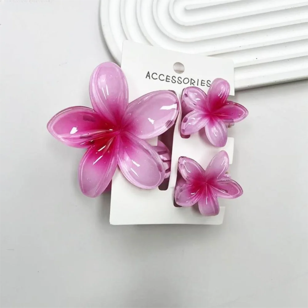 3Pcs/Set Colorful Gradient Hair Claws Plumeria Flower Acrylic Hawaiian Flower Hair Clip Hair Accessories Beach Oasis Select Pink