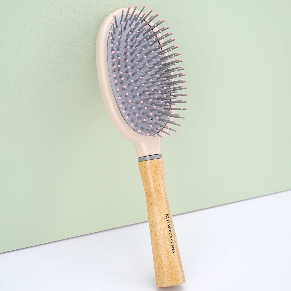 Natural Wood Handle Air Cushion Hair Brush - Soft Round-Tip Nylon Pins for Gentle Detangling & Scalp Massage Oasis Select S8311-pink-02