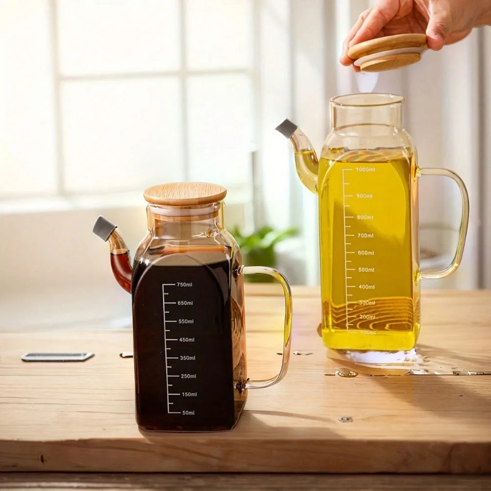 Glass Oil Pot 1000ml Large Capacity Vinegar Pot with Lid with Measurement Markings Hand Wash Only -Home Use Kitchen Accessories Oasis Select