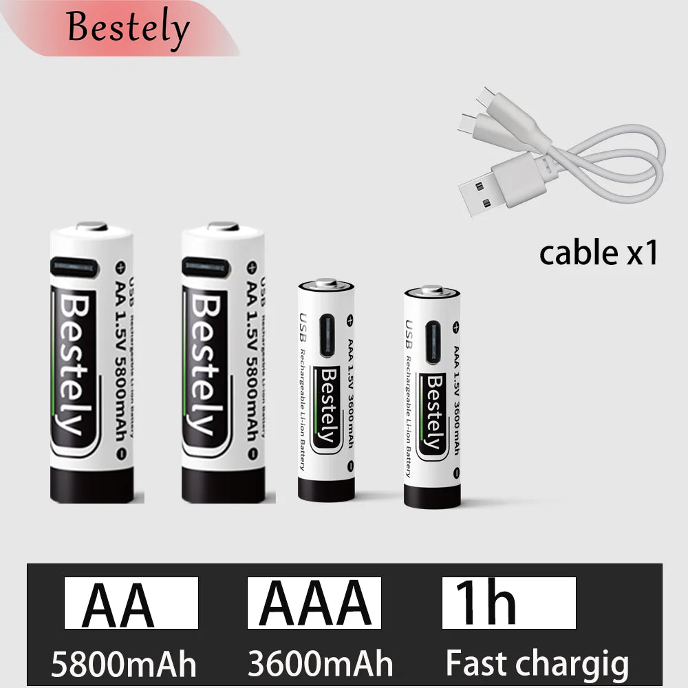 New 1.5V AA 5800mAh+AAA 3600mAh Lithium rechargeable Battery,USB Fast Charging Li-ion Battery , 2000 Cycles with USB- C Cable Oasis Select 2AA 2AAA