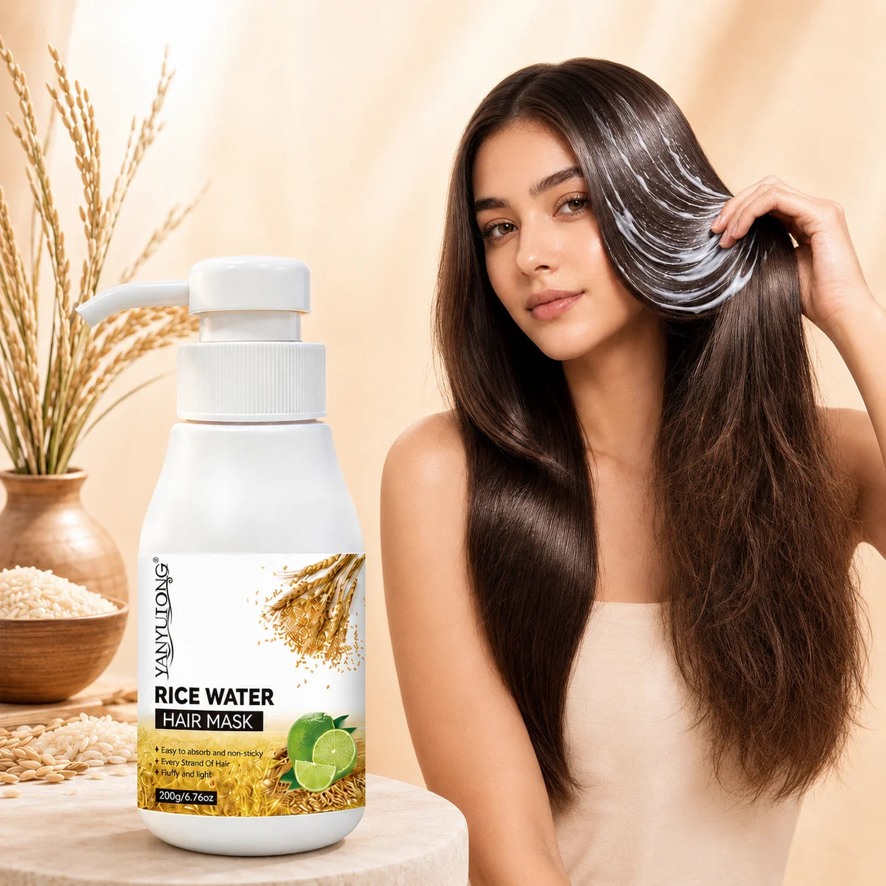 Rice and water hydrating and nourishing hair mask to quickly repair damaged, frizzy hair, making it soft, smooth, and brightenin Oasis Select 1PCS
