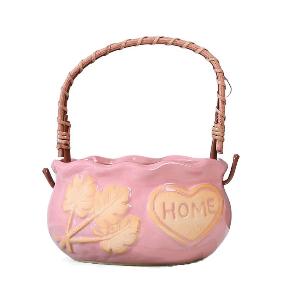 Corrosion-resistant Ceramic Succulent Planter Decorative Breathable Creative Flower Pot With Handle Nordic Flowerpot Ornament Oasis Select Pink