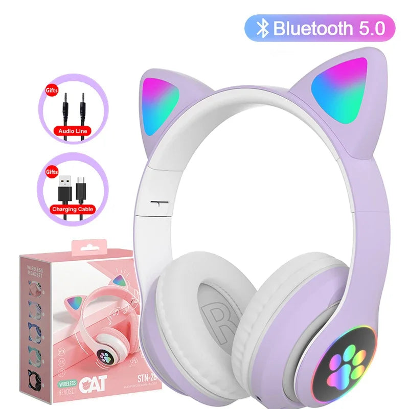 Bluetooth 5.0 Stereo With Mic Flash Lamp Cute Cat Ears Headphone Support TF Card Wireless Kids Girl Earphone Birthday Gift Oasis Select Purple