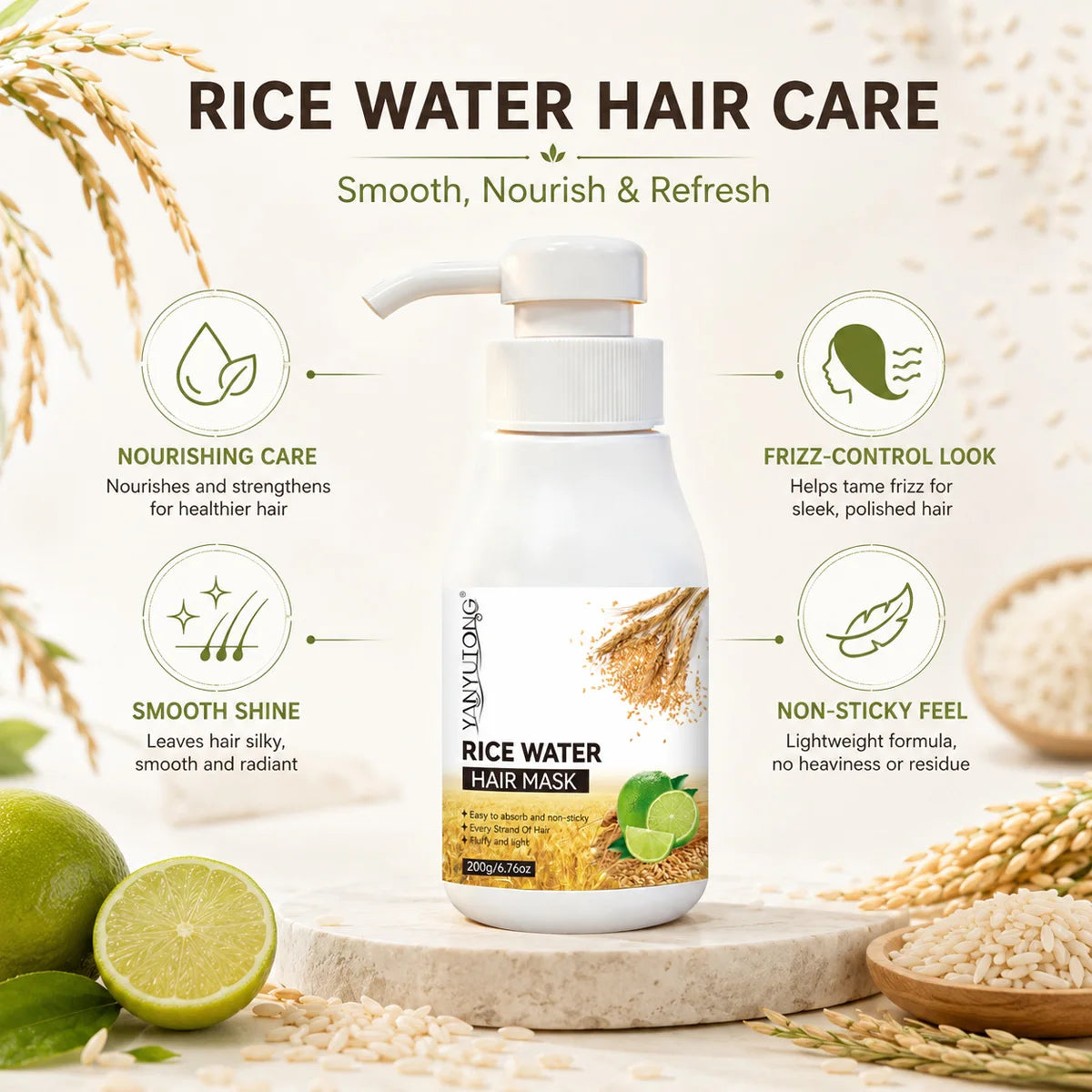 Rice and water hydrating and nourishing hair mask to quickly repair damaged, frizzy hair, making it soft, smooth, and brightenin Oasis Select