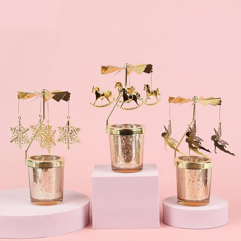 Gold Romantic Rotating Candlesticks Home Christmas Party Decoration Snowman Rotation Spinning Carrousel Tea Light Candle Holder Oasis Select