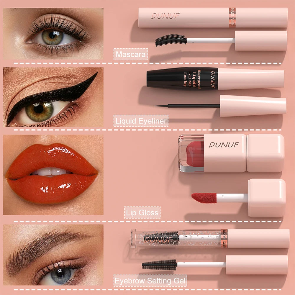 DUNUF 4-in-1 Makeup Gift Set Waterproof Long-Lasting Mascara Liquid Eyeliner Brow Setting Gel Moisturizing Lip Gloss with Mirror Oasis Select