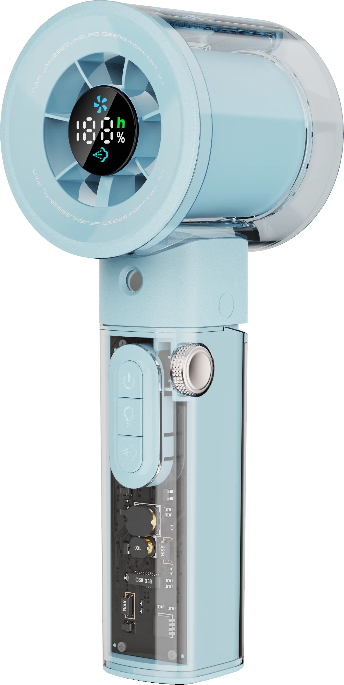 Transparent Handheld Spray Fan, 100-Speed Dial Cooling Fan with AI LED Display 10H Battery Mist Fan for Concerts Travel Office Oasis Select Blue