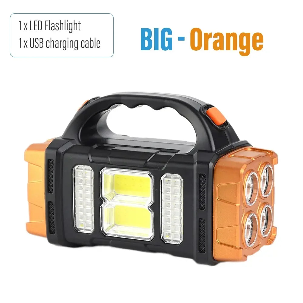High Power Led Flashlights Camping Torch Work Light Solar Charge 4 Gear USB Rechargeable Light Waterproof Light for Outdoor Oasis Select Big-Orange