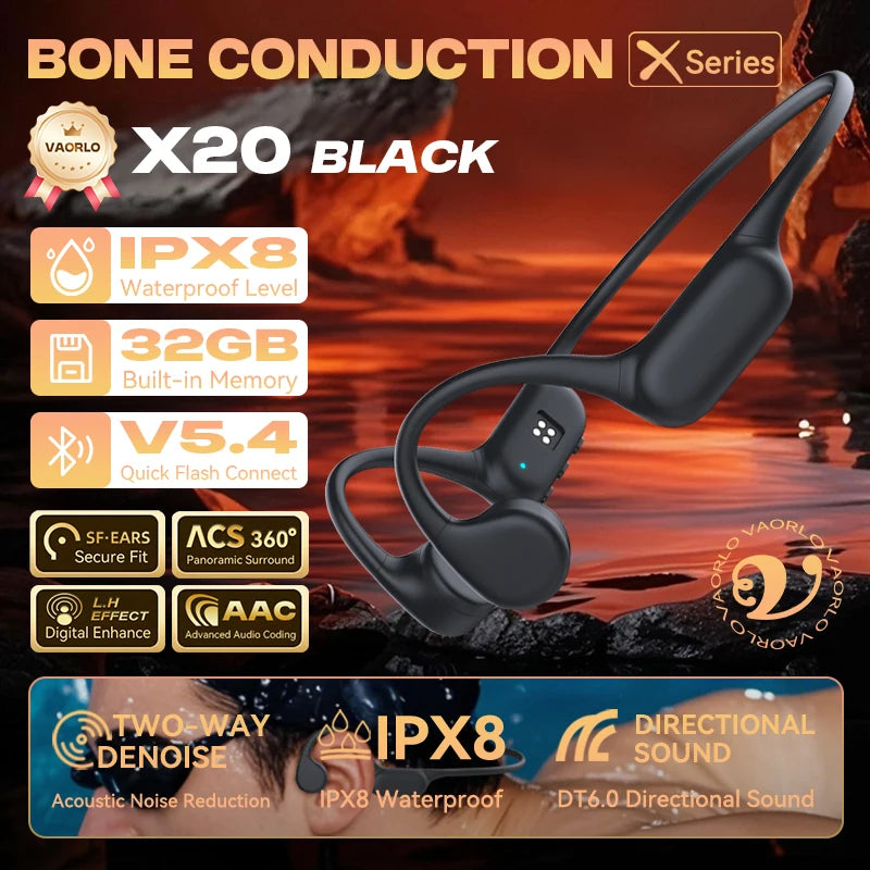 Bone Conduction Wireless Headphone IPX8 Waterproof Swimming Sport Earphones Open-Ear HIFI Bluetooth 5.4+32GB MP3 Player With Mic Oasis Select Black 32GB
