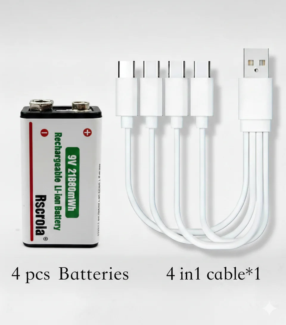 Rechargeable Li-ion High Capacity Battery, 1200+ Cycles, Constant Output for 9V devices Oasis Select 4 pcs 9v Batteries