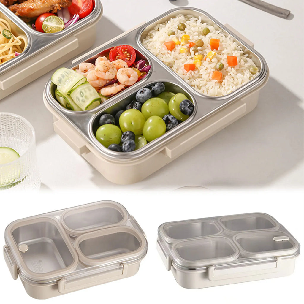 Stainless Steel Bento Lunch Box – 3 Compartments & Soup Cup