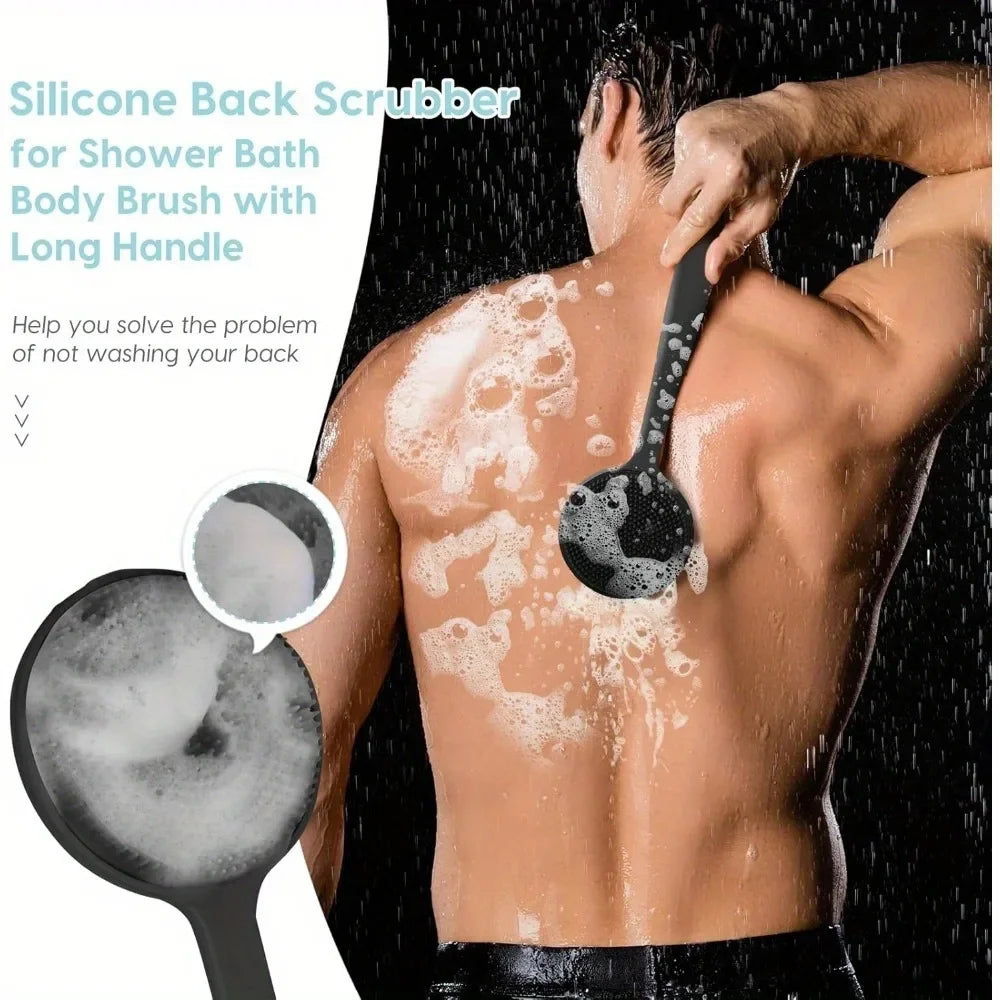38cm Silicone Back Scrubber Brush for Shower Long Handle Body Deep Cleansing and Exfoliating Massage Double-Sided Soft Bristles Oasis Select