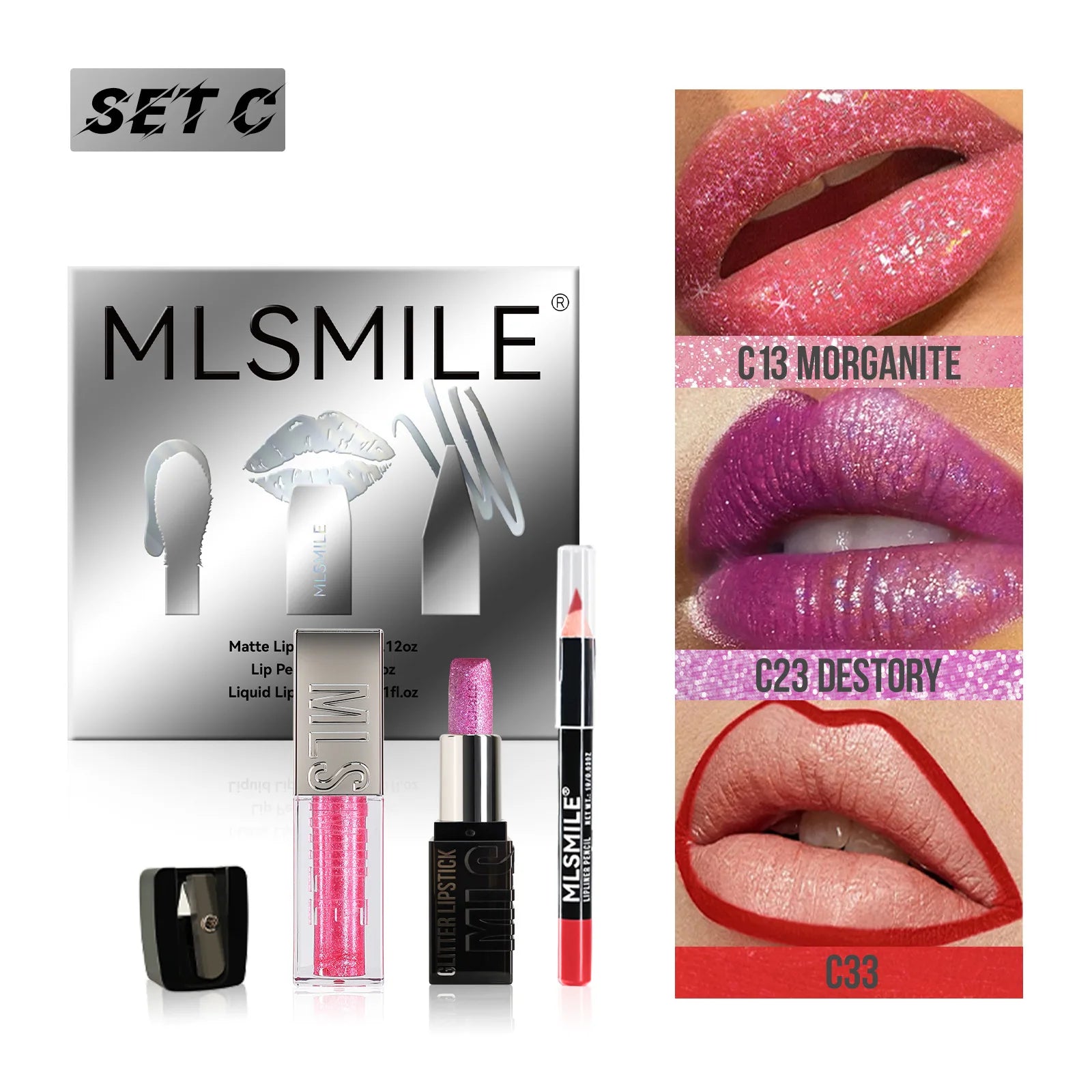 MLSMILE Diamond Lip Gloss, Liner & Lipstick Makeup Kit