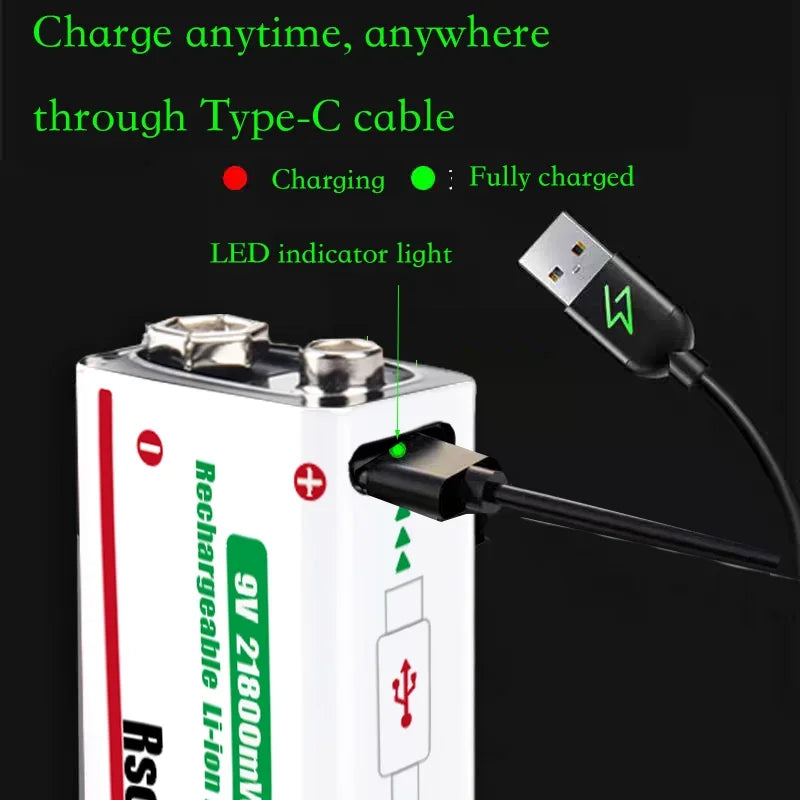 21800mWh High Capacity Rechargeable 9V Lithium ion Battery with USB-C for Guitar Microphone Smoke Detector Pedal with Cable Oasis Select