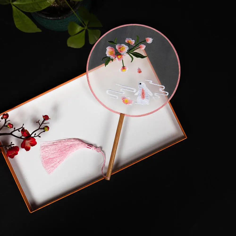 China Fan Wholesale Semi-Transparent Long Handle Tassel Dance Fan Female Costume Hanfu Cheongsam Embroidery Small Round Fan Oasis Select B2