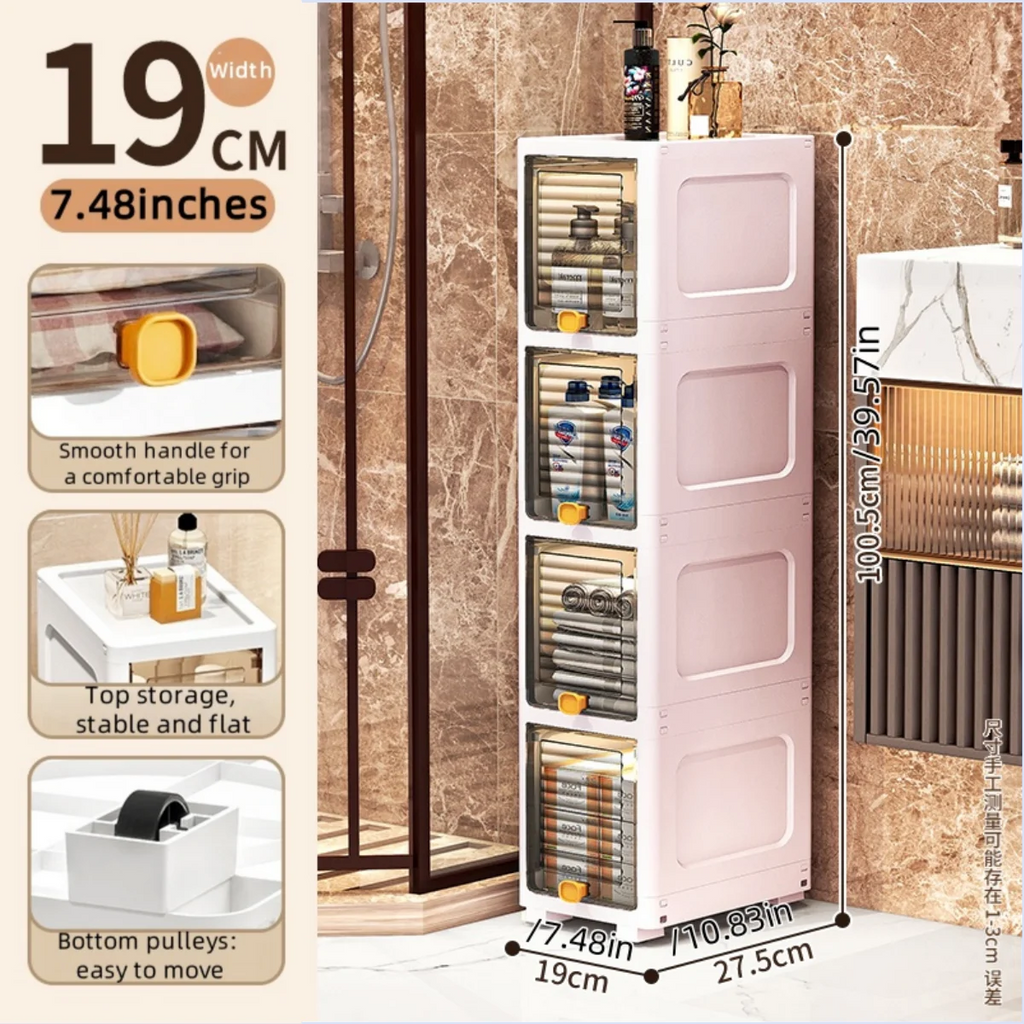 19cm Slim Storage Cabinet Flip-Top Organizer with Multi-Layer Shelves Large Capacity for Kitchen Living Room Bathroom Oasis Select 4 Tiers Clear Gray
