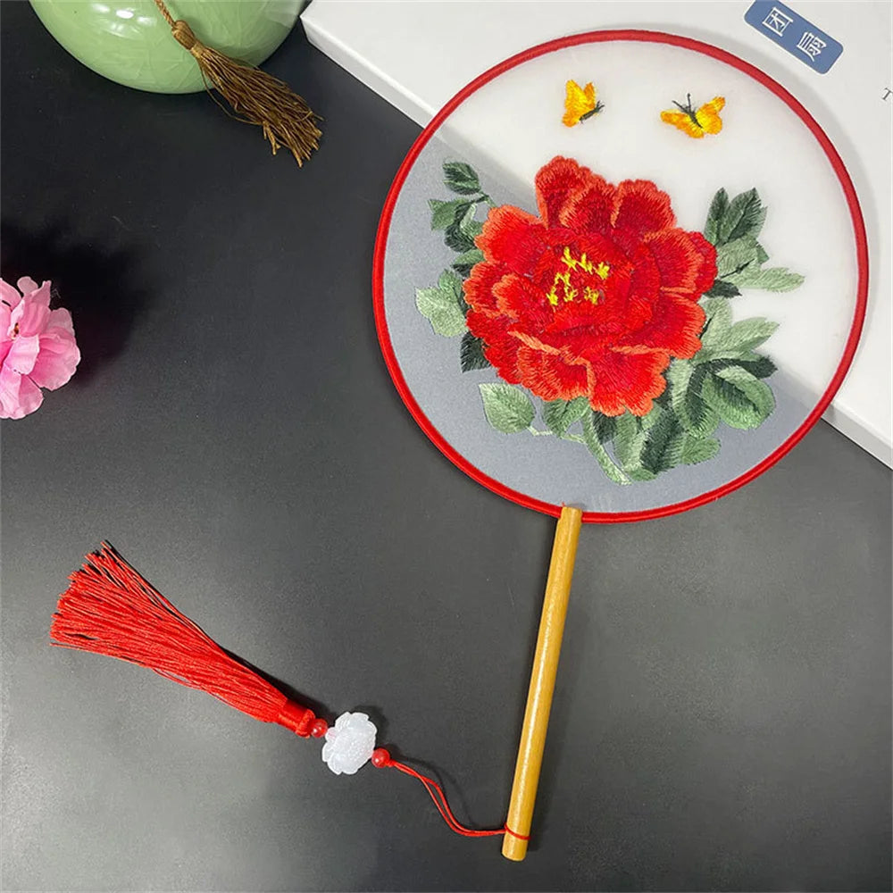 Round Double Sided Embroidery Fan Chinese Style Wooden Handle Embroidery Round Fan with Pendant Handheld Flower Silk Fan Oasis Select Style 7