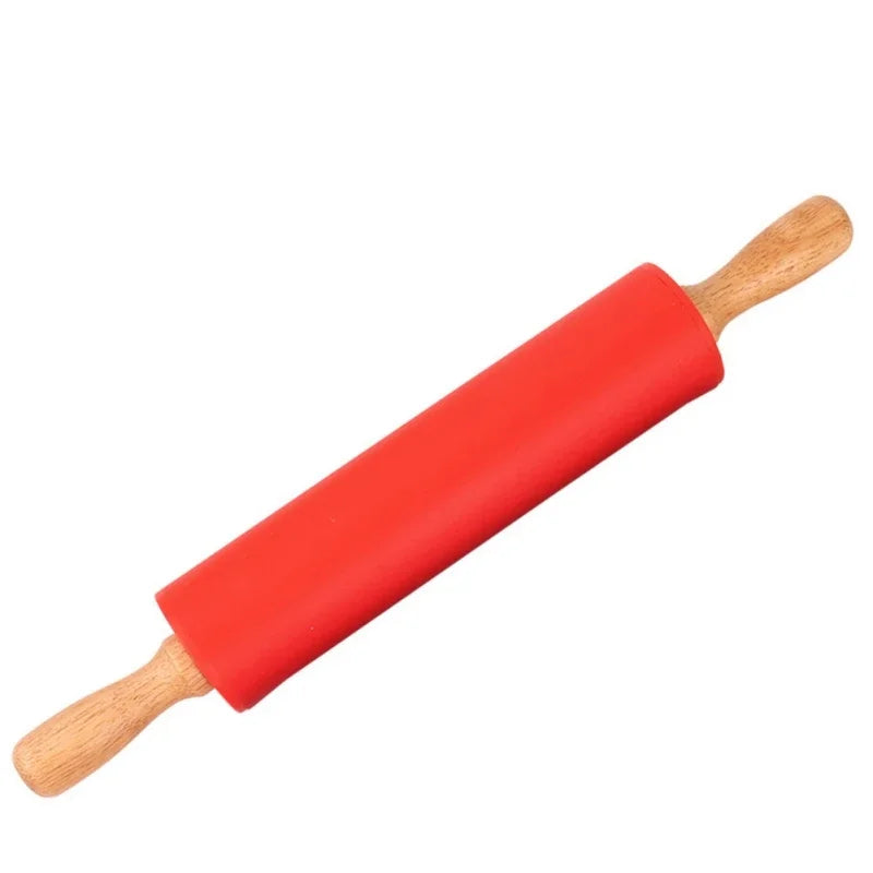 Non-Stick Silicone Rolling Pin Wooden Handle Pastry Dough Flour Roller Kitchen Cooking Baking Tool For Pasta Cookie Dough Oasis Select Red 23cm
