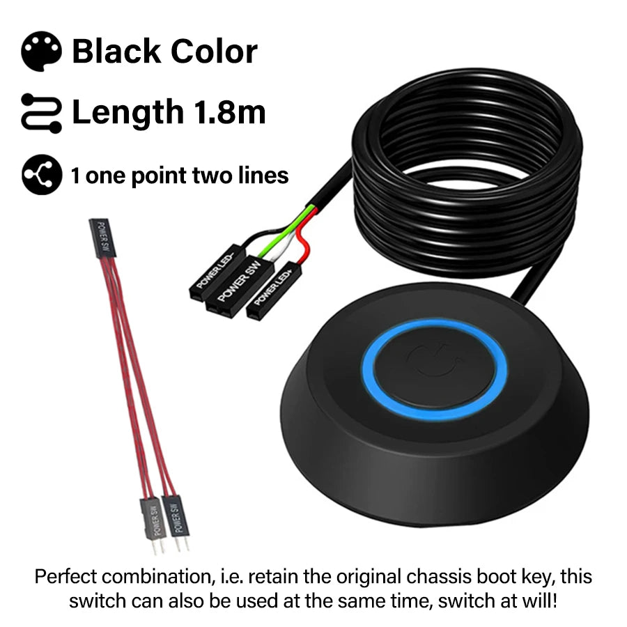 Computer Desktop Switch 1.8M LED Lights PC Motherboard External Start Power On/Off Push Button Extension Cable For Home Office Oasis Select Black with extension