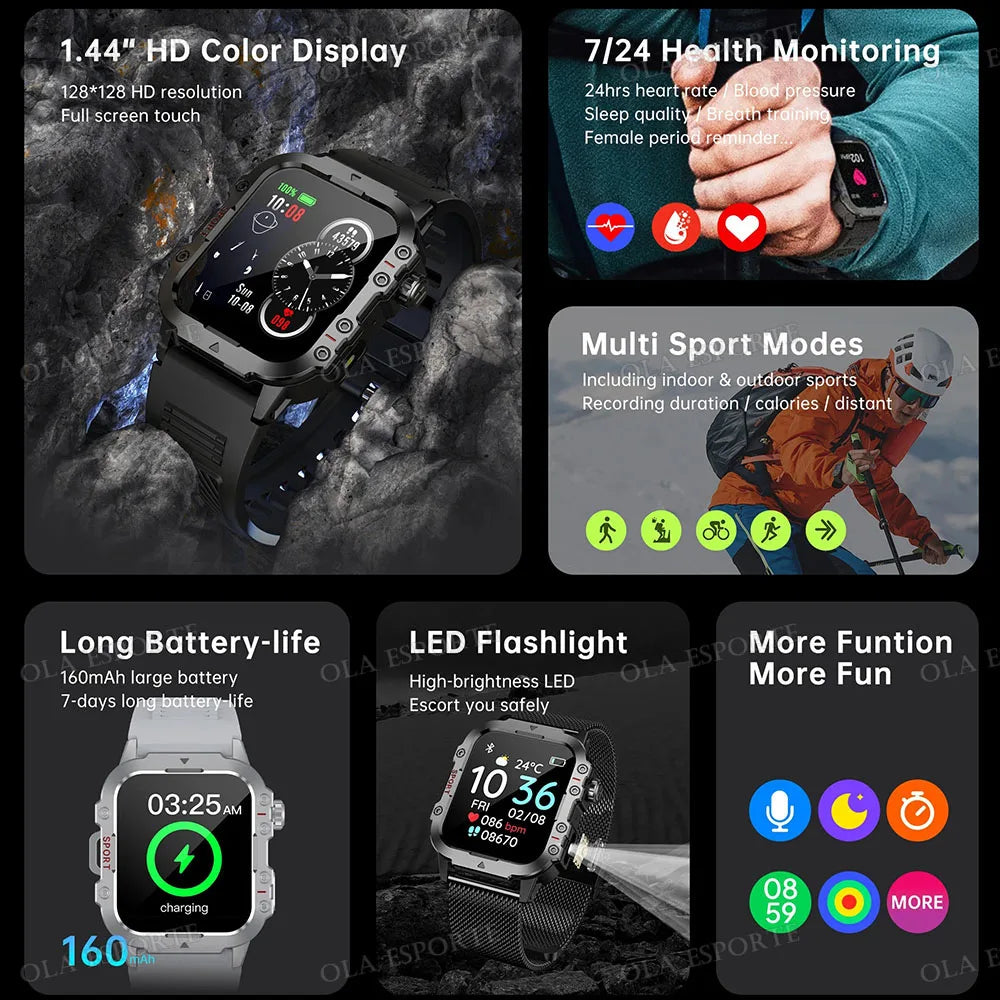 Military-Grade Smartwatch – Bluetooth Call, Flashlight & 100+ Sports