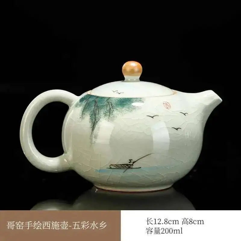 Multiple underglaze color hand-painted Ge kiln tea pots, ceramic ice cracked glaze single pot, Xi Shi pot, Kung Fu tea set tea Oasis Select From Geyao - Fishing