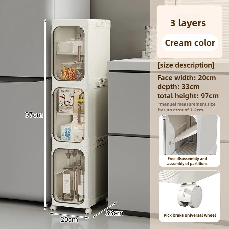 Household bathroom narrow seam storage cabinet, multifunctional foldable with wheels, dust-proof and crevice storage cabinet Oasis Select 3 layers-cream color
