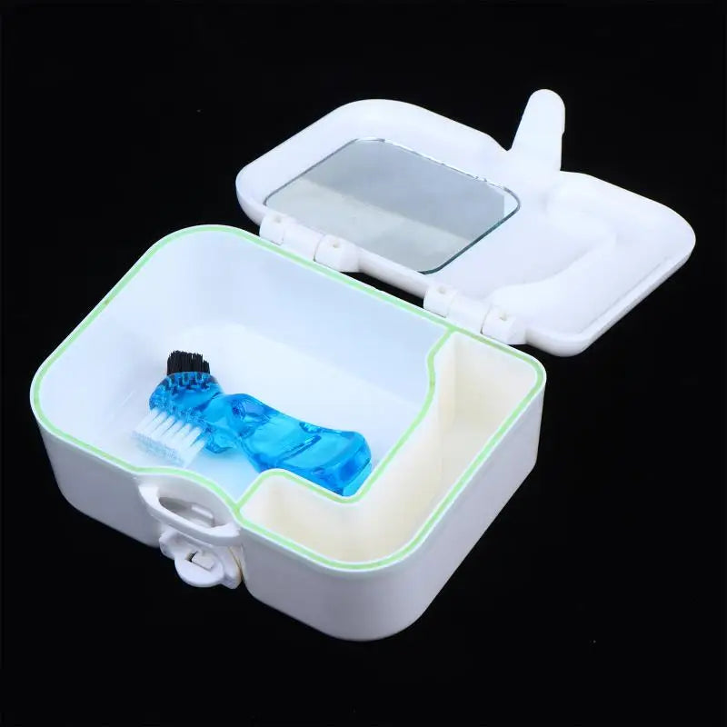Portable Denture Case Kit with Mirror & Cleaning Brush