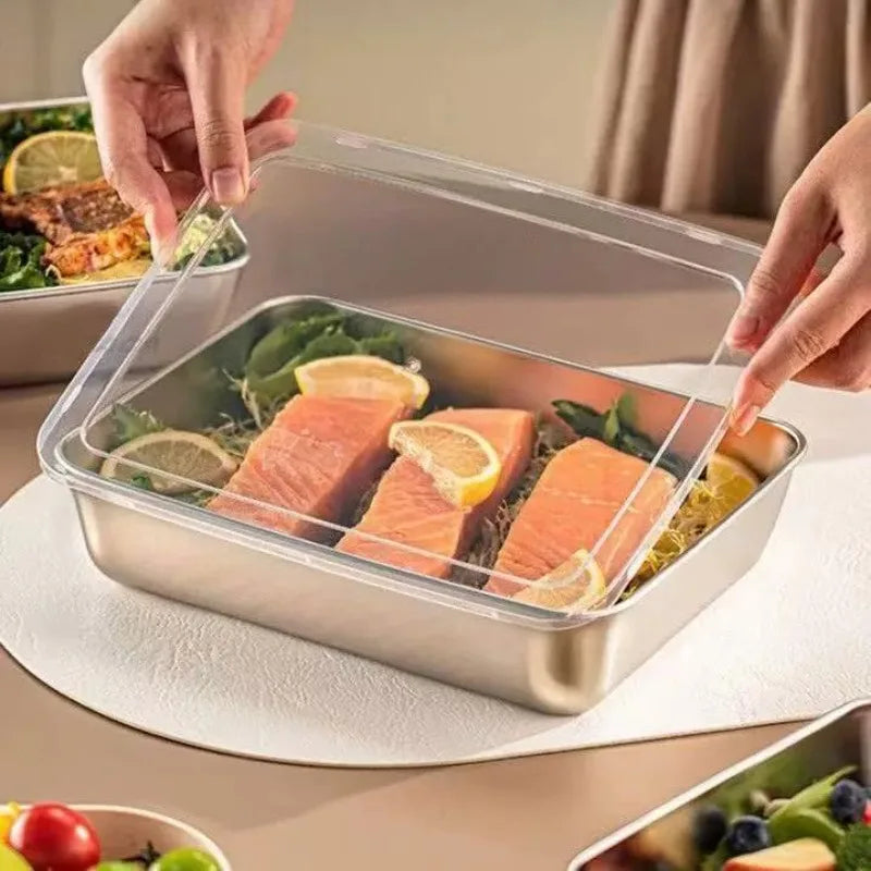 Stainless Steel Fresh-keeping Box Fruit Plate Vegetable Preparation Plate Refrigerator Storage Outdoor Bento Picnic with Lid Oasis Select