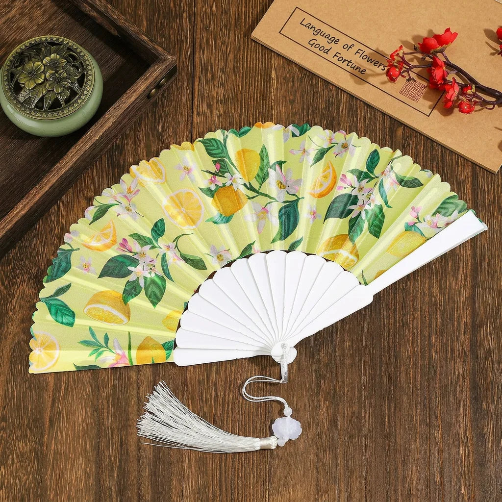 Portable Fruit Pattern Folding Hand Fan Plastic Frame Fabric Fan With Tassel Summer Cooling Fans Dance Performance Home Decor Oasis Select 8