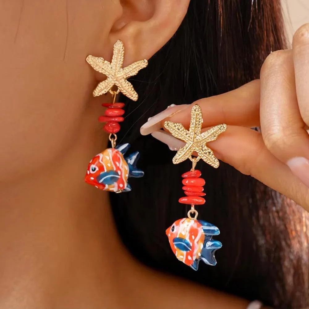 Funny Beaded Fish Drop Earrings Glass Ocean Style Starfish Stud Earrings Unique Glaze Summer Jewelry Gifts for Women Oasis Select Red