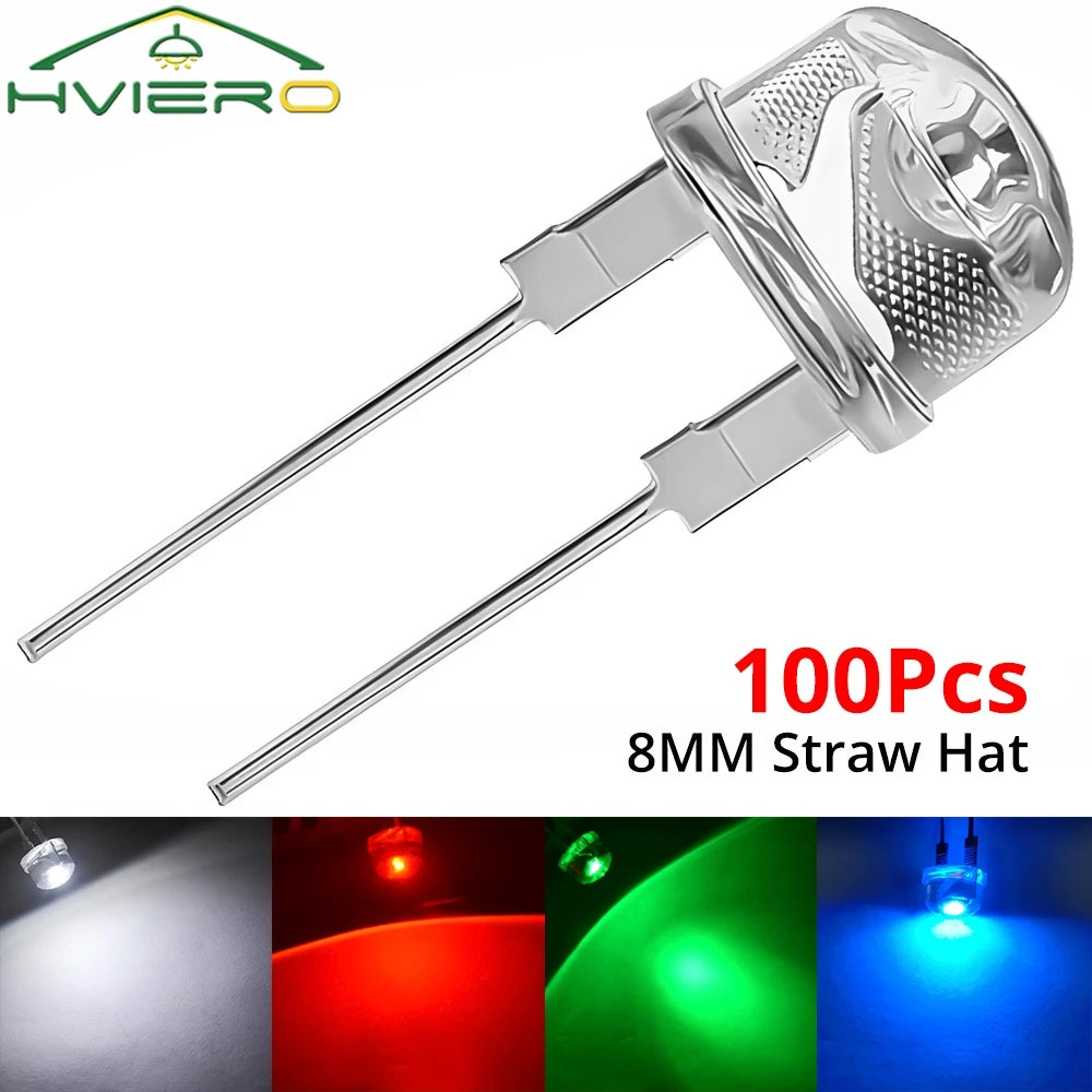 100Pcs 8mm Straw Hat LED Beads – White Red Blue Green DIY