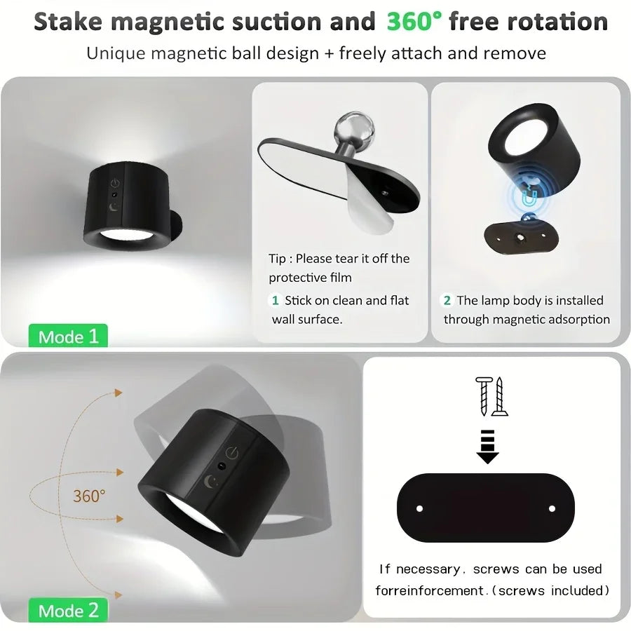 USB Rechargeable Wall Light 360° Rotatable Magnetic Wall Lamp with Remote Control LED Double Sided Wall Lamp for Bedroom Hallway Oasis Select