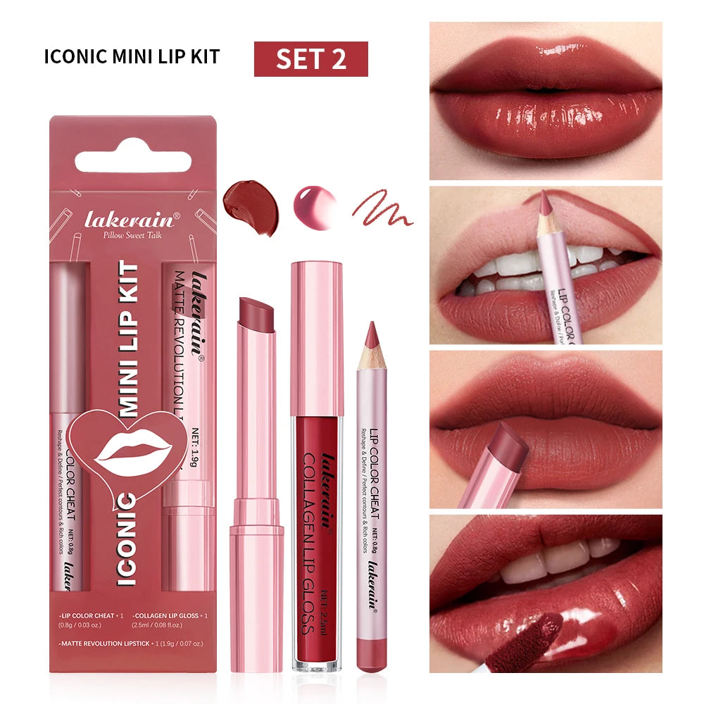 Lip Liner&Lipstick Lip Gloss Set 3Pcs/set Waterproof Long Lasting Matte Nude Red Lipstick Women's Makeup Cosmetics Black Lips Oasis Select set2