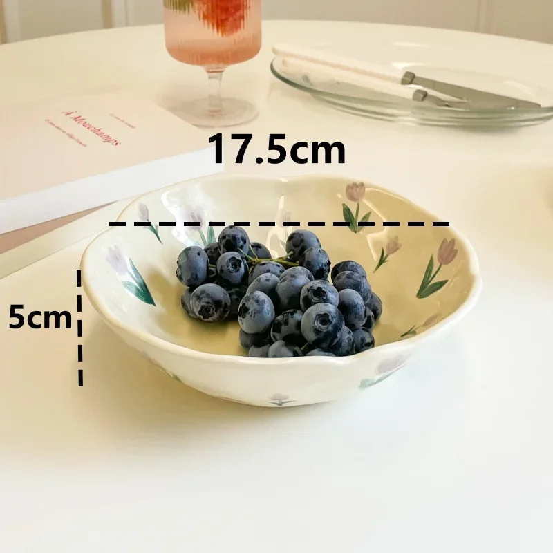 1PCS Ceramic Salad Bowl Hand Pinched Irregular Ins Korean Style Cream Yellow Yogurt Bowl Oatmeal Breakfast Plates Flower Bowl Oasis Select