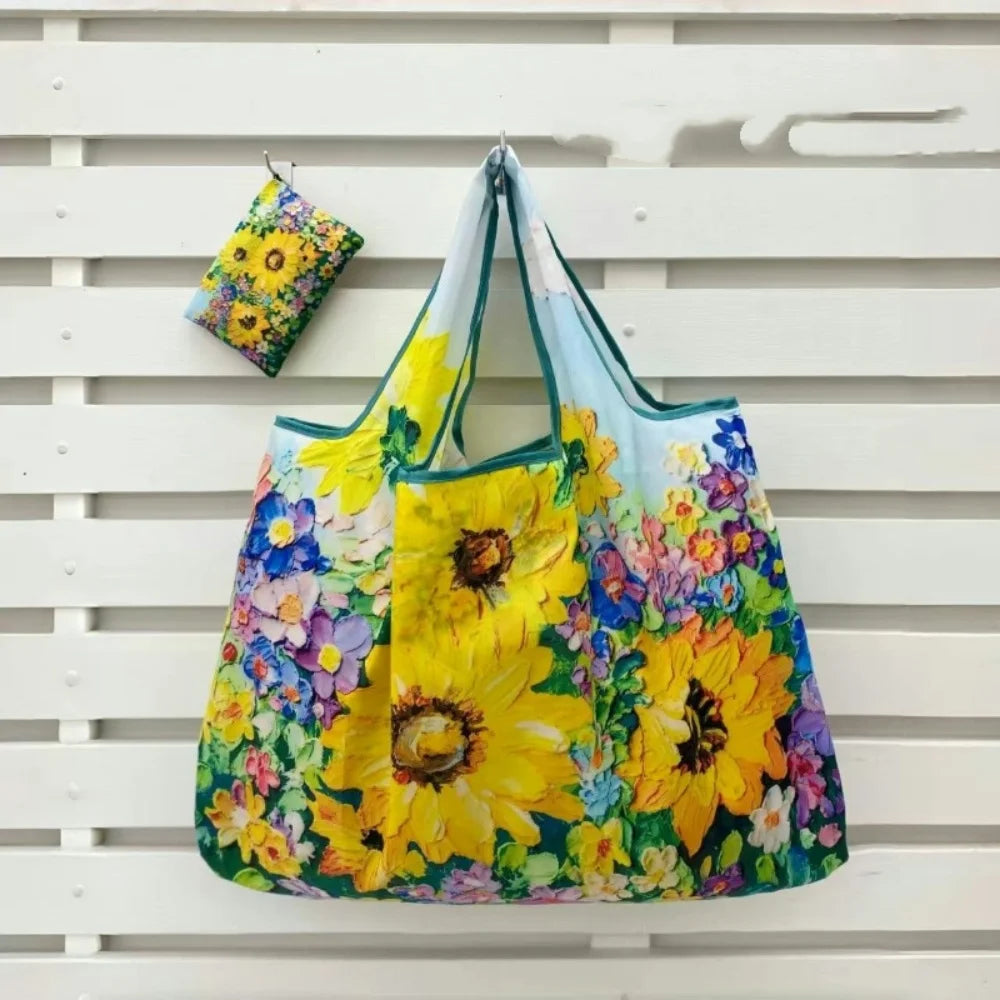Oil Painting Print Folding Shopping Bag Portable Design Large Capacity Square Shopping Bag Foldable Feature Positioning Design Oasis Select