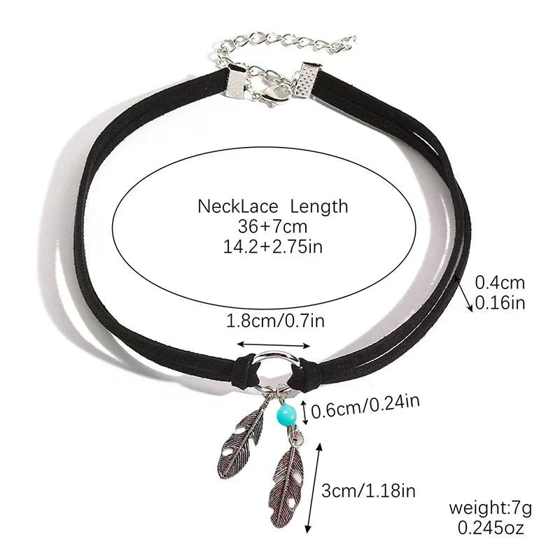 Velvet Choker Black Leather Choker Necklace Antique Color Feather Shape Charm Multilayer Chain Necklace Oasis Select