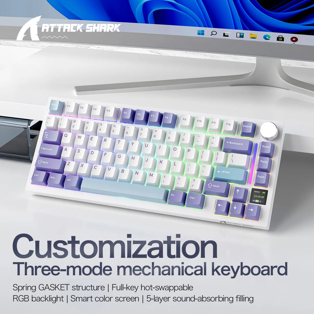 ATTACK SHARK X820 ULTRA 75% Tri Mode Mechanical Keyboard Gasket Mount 1.2mm PCB Slot Color Screen 4000mAh Battery Hot Swappable Oasis Select