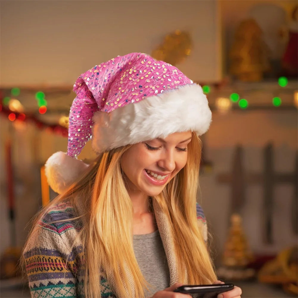 Double-Layer Sequin Santa Hat with Fluffy Pompom | Adults & Kids