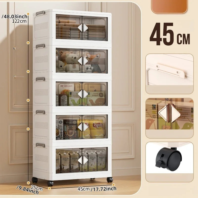 45cm Foldable Width Plastic Storage Box with Wheels Multi-Layer Clothing Cabinet Organizer for Books Kitchen Oasis Select 45cm-White-5 Layers