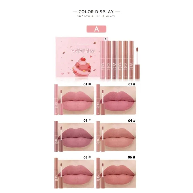 Dragon Ranee 6-Color Velvet Matte Lip Gloss Set – Long-Lasting
