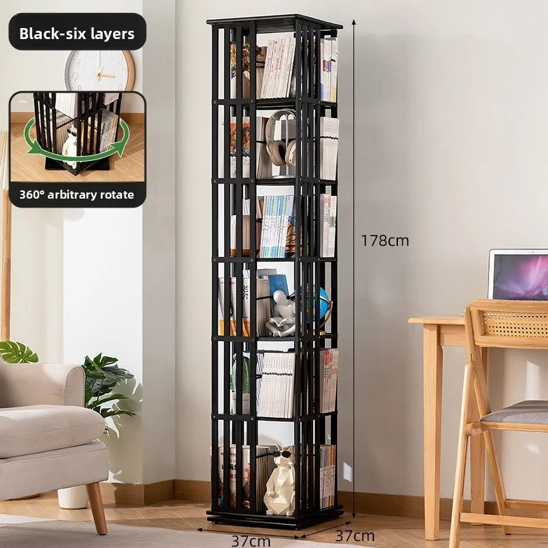 360 ° rotating bookshelf bookcase floor to wall shelf children's simple storage rack toy cabinet simple multi-layer Oasis Select Black six layers