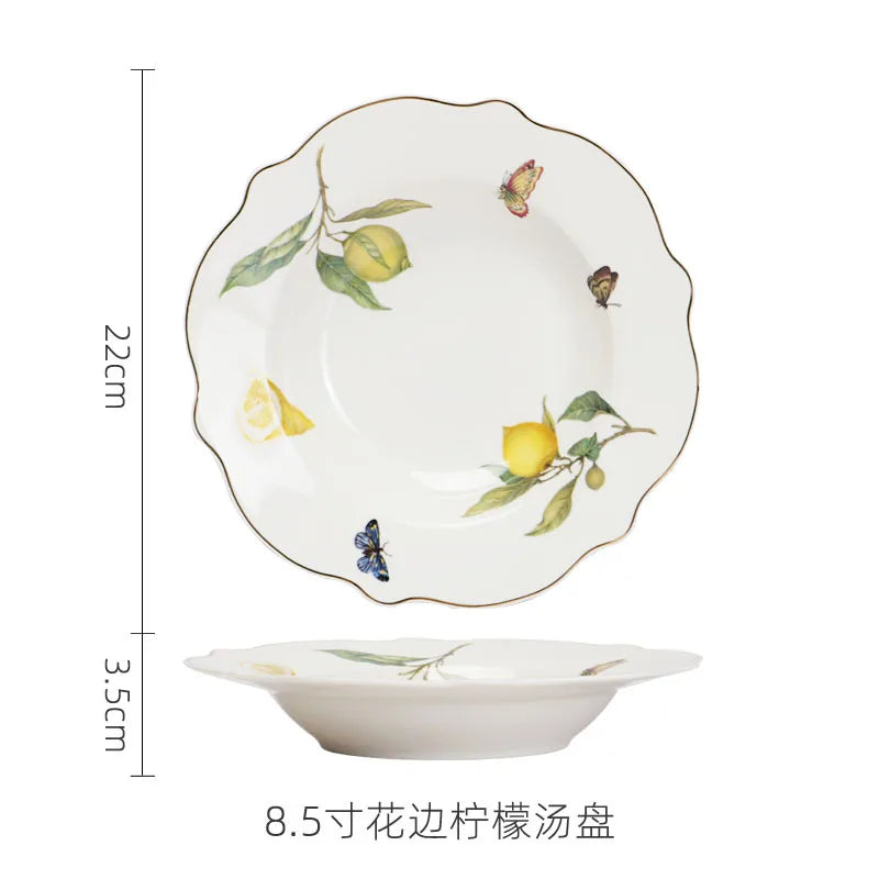 European Lemon Pattern Ceramic Dinner Steak Plate Bowl Fruit Candy Dim Sum Western Cuisine Plate Dishes Home Breakfast Plate Oasis Select 8.5inch-soup-plate