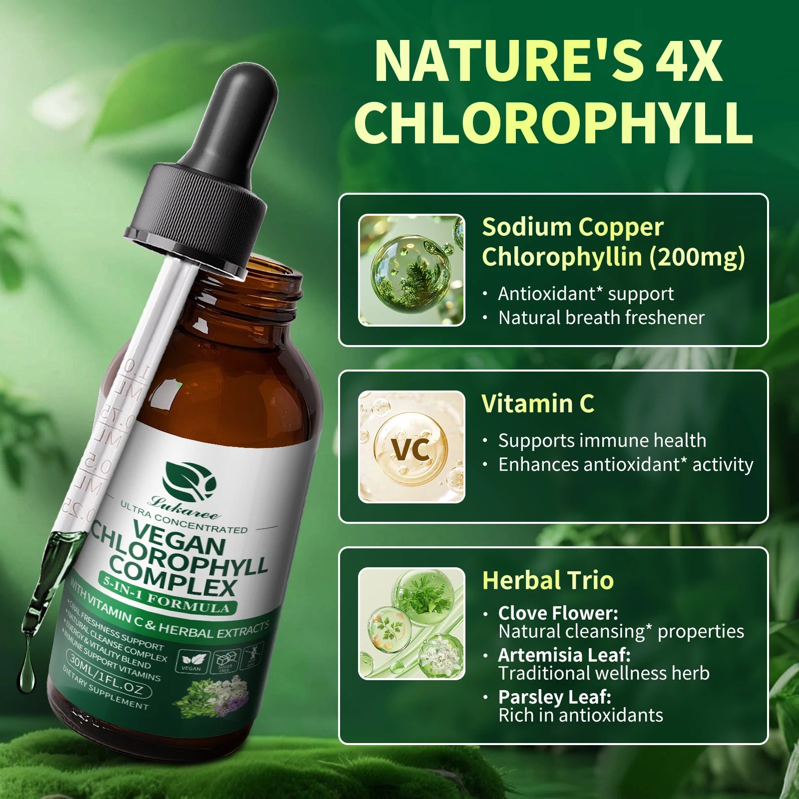 Lukaree 30MLChlorophyll Liquid Drops Supports Natural Cleansing & Immune, Internal Deodorant,Skin & Gut Health,Vegan,Sugar-Free Oasis Select