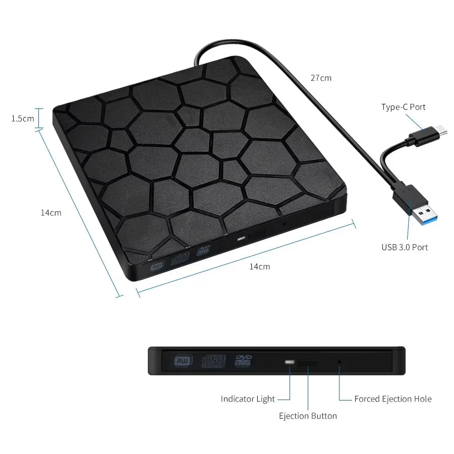 2 in 1 External DVD RW Drive USB 3.0 Type C Interface Slim DVD CD Writer Burner Reader Player Optical Drive For Laptop Notebook Oasis Select black 1