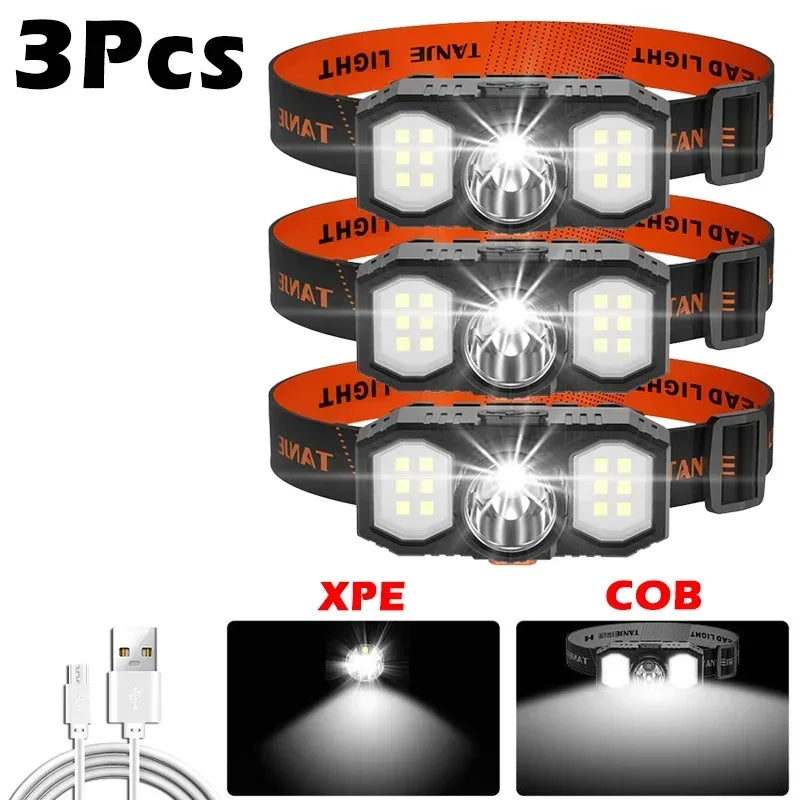 KDULIT COB+XPE Powerful Headlamp USB Rechageable Headlight Portable Fishing Camping Outdoor Waterproof Head Lamp Work Flashlight Oasis Select 3PCS