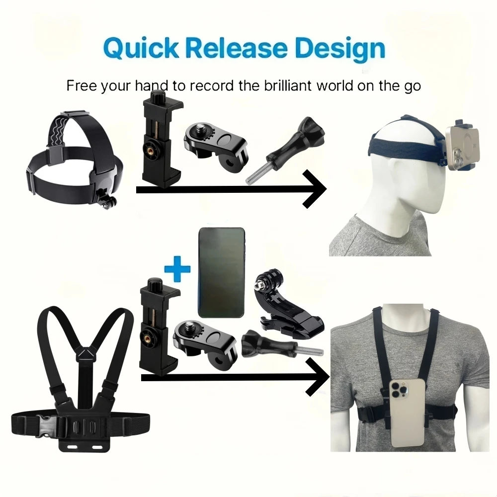 6-Piece Action Camera Mount Kit – Head & Chest Strap for GoPro